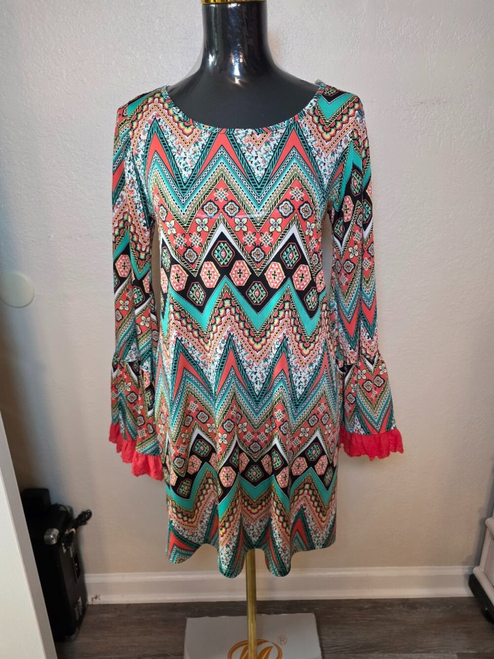 Boho Chevron Print Tunic Top Coral Teal Ruffle Sleeve